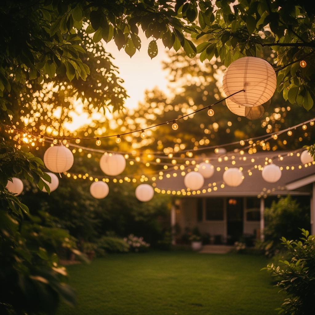 Backyard string lights at golden hour